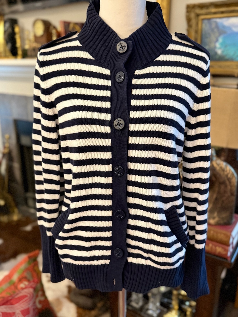 Talbots Navy/White Stripe
Nautical Button Cardigan, Size Large.